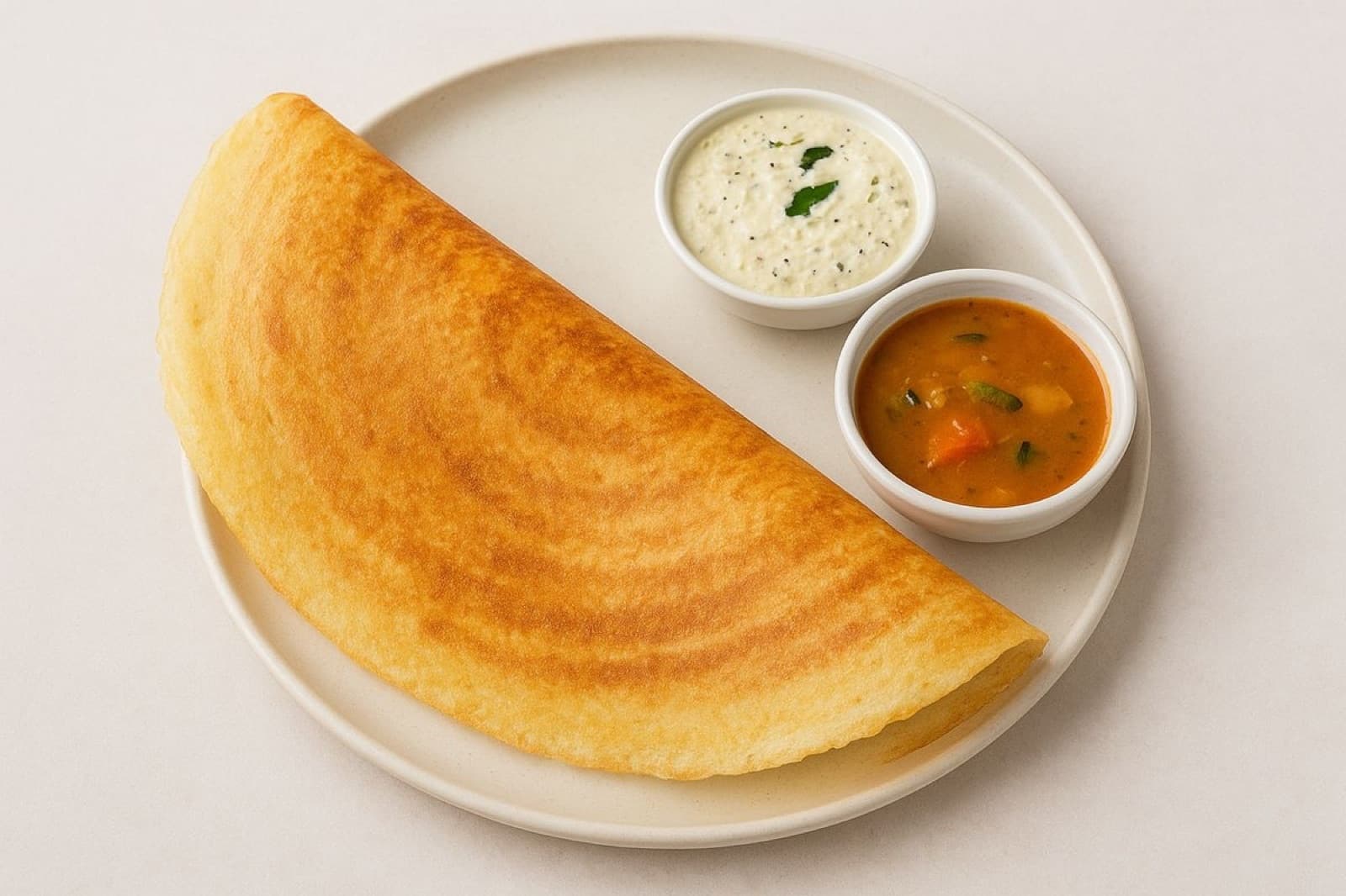Folded golden plain dosa on a pale plate beside coconut chutney and sambar